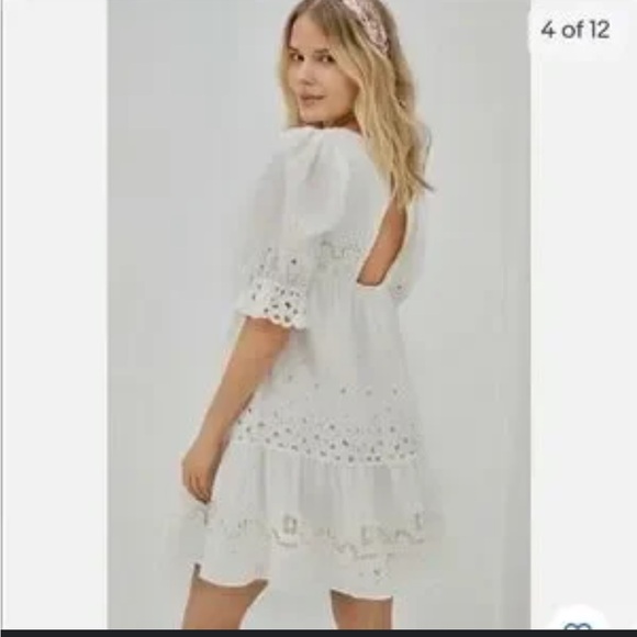 Anthropologie White Eyelet Puff-Sleeve Mini Dress - Picture 2 of 7